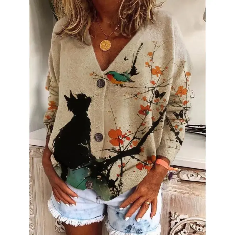 Women's V Neck Patchwork Loose Fit Cat Print Knit Cardigan, Long Sleeve Button Front Sweater for Fall & Winter, Casual Elegant Outerwear, Knitwear, Womenswear