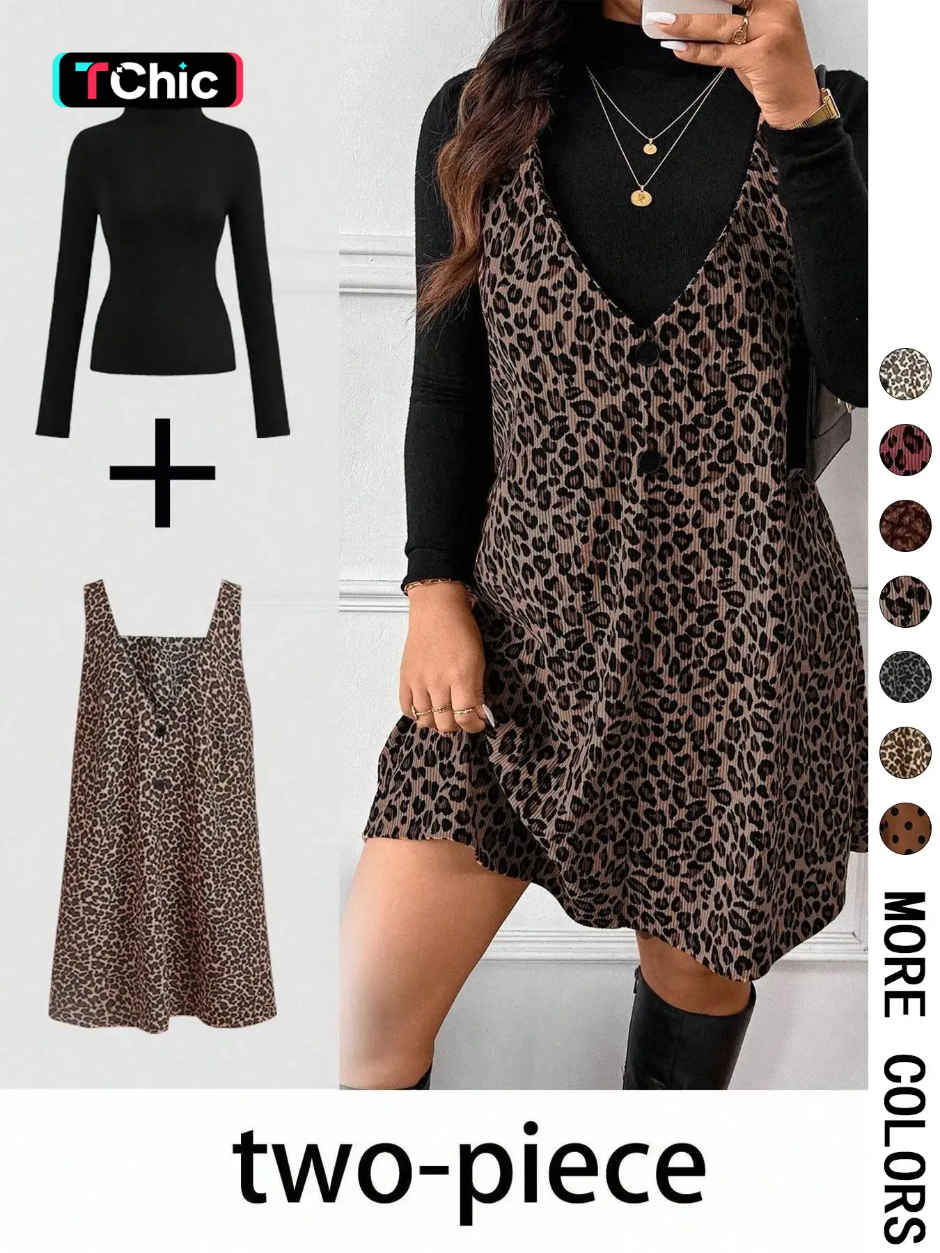 Women's High Neck Inner Layer + Leopard Print Strap Skirt Set, Casual Daily Spring Autumn Commuter, Two-Piece Ensemble, Top And Skirt Set