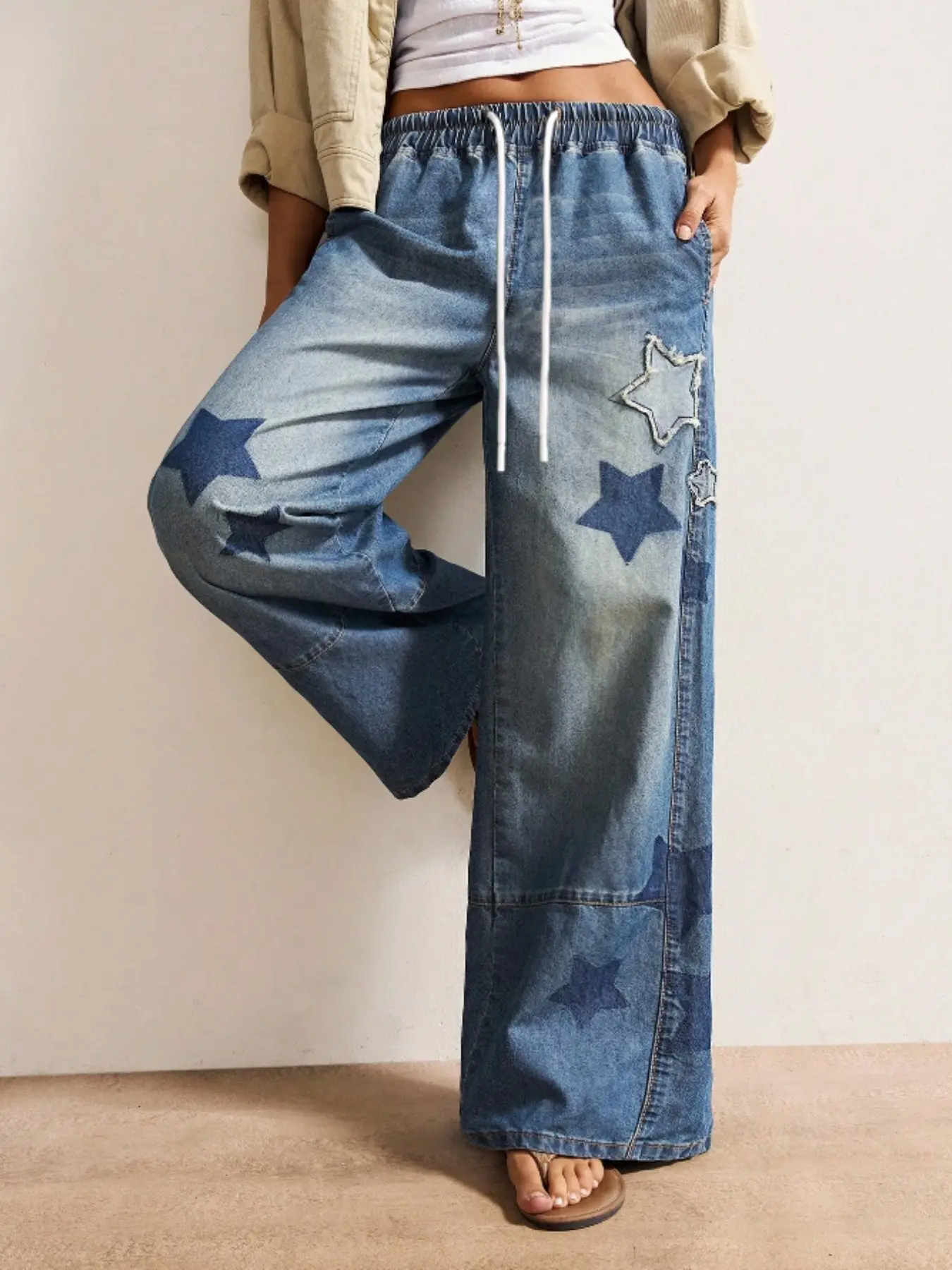 Women's Vintage Washed Denim Wide Leg Loose Pants, Elastic Waist Star Patch Embroidery Drawstring Jeans, Comfortable and Stylish