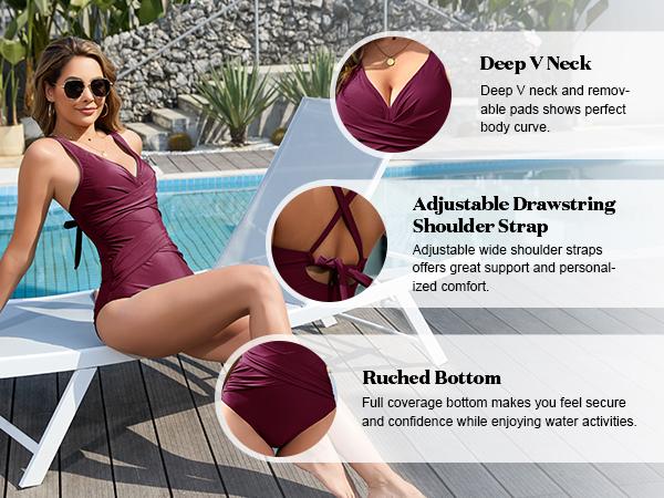 UMIPUBO Womens Tummy Control Swimsuits One Piece Bathing Suit Front Cross Tie Back Slimming Ruched Push Up Padded Swimwear