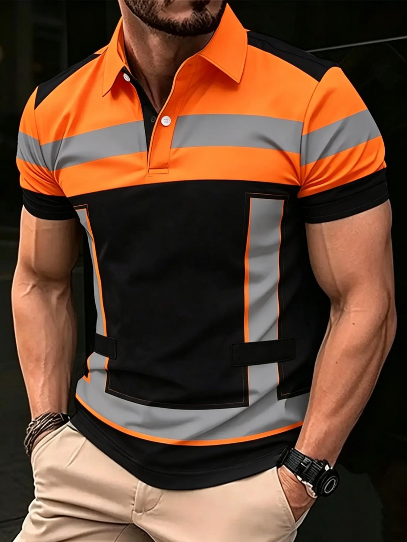 Men's Short Sleeve Polo Shirt, Casual 3D Print Golf Shirt, Striped Pattern, Sporty Style, Summer Fitted Top Men's Short Sleeve Polo Shirt, Casual 3D Print Golf Shirt, Striped Pattern, Sporty Style, Summer Fitted Top