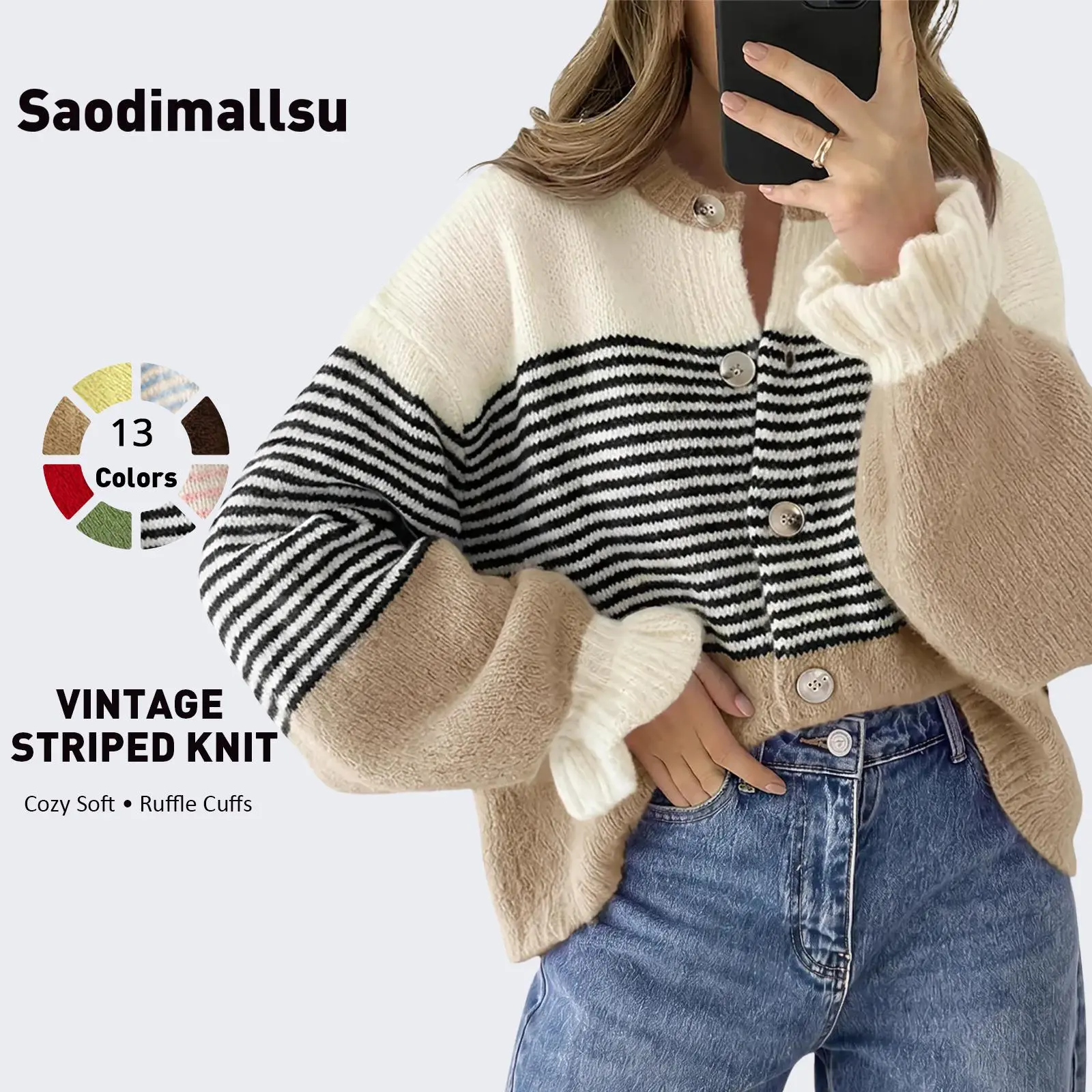 Saodimallsu Women's Fall Trendy Striped Knit Cardigan Sweater - Long Sleeve Ruffle, Button-Up, Loose Fit Color Block Polyblend Knitwear, Machine Wash Casual Wear Women's Tops Long Sleeve Tops