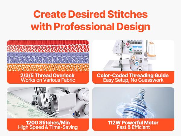 VEVOR Serger Overlock Sewing Machine, 1250 Stitches Per Minute, 2-3-5 Thread Capability, with LED Light and Strong Suction Feet, Heavy-Duty Metal Frame Sewing Machine for Various Fabrics, White