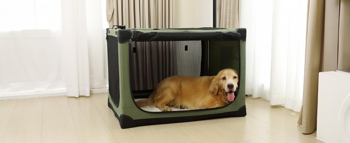 Collapsible Travel Dog Crate for Medium Large Dogs, Portable Oxford Cloth Dog Crate 4-Door Foldable Soft Kennel with Chew-Proof Mesh Windows for Indoor & Outdoor Travel,with Storage Bag,Green