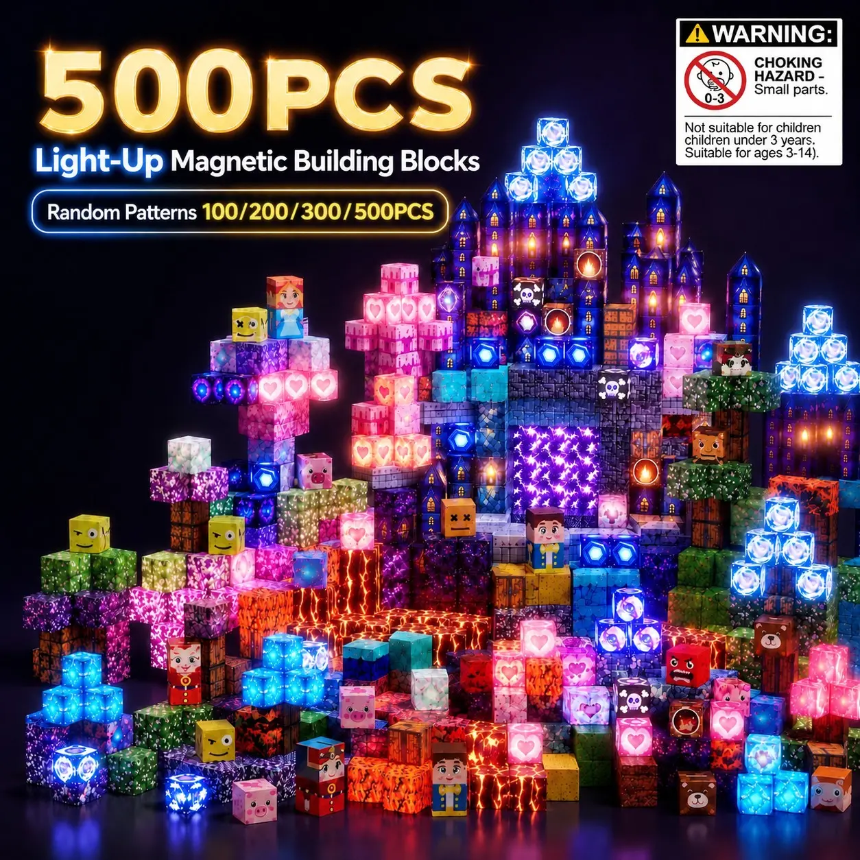 100/200/300/500PCS Magnetic Cube Building Set with Light-Up Blocks, Magnetic Building Cubes, Random Patterns, STEM Learning Toys for Kids, 3D Construction & Stacking, Birthday & Holiday Gifts for Boys and Girls
