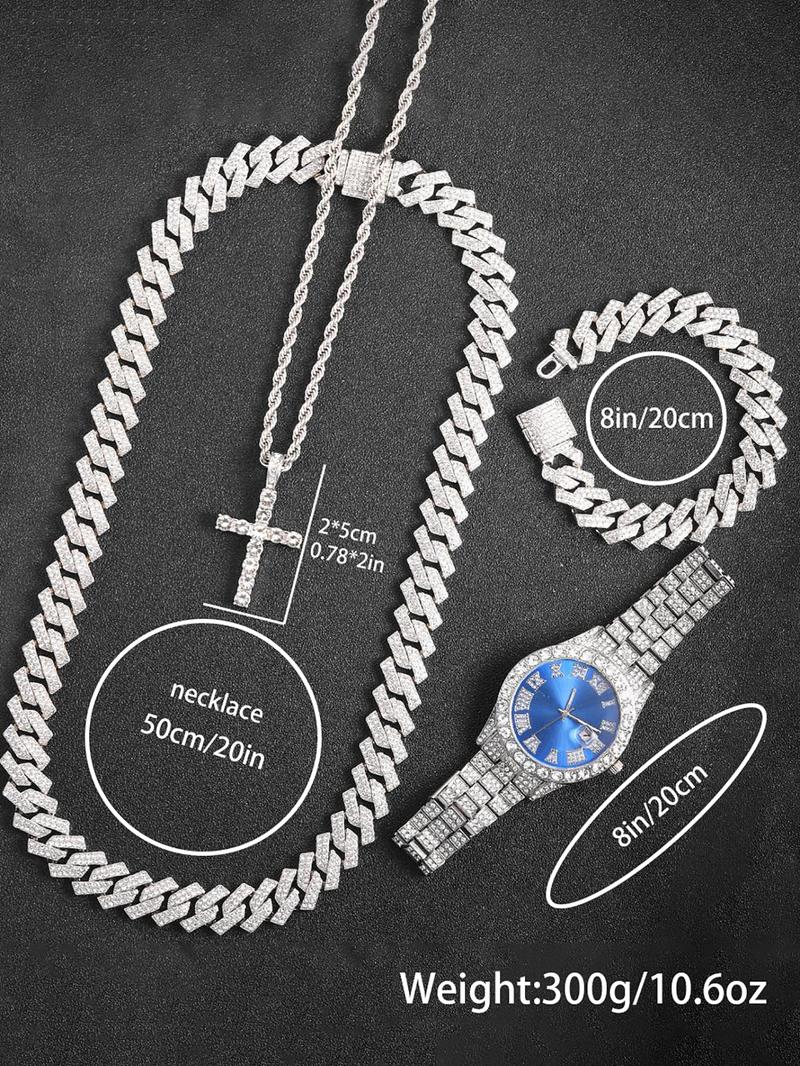 Luxury Punk Watch Set with Necklace Bracelet Cross Pendant, Analog Quartz Movement, Adjustable Strap, Unisex Gift Box for All Seasons, Fashionable Jewelry Set