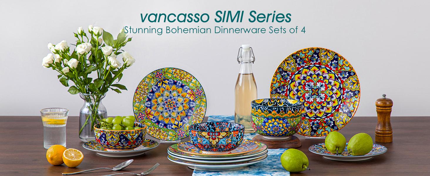 vancasso 12 Pieces Dinnerware Sets, Plates and Bowls Set, Porcelain Dishes Set for 4, Microwave and Dishwasher Safe, Scratch Resistant, Bohemian Style Dining Ware Service for 4, Series SIMI