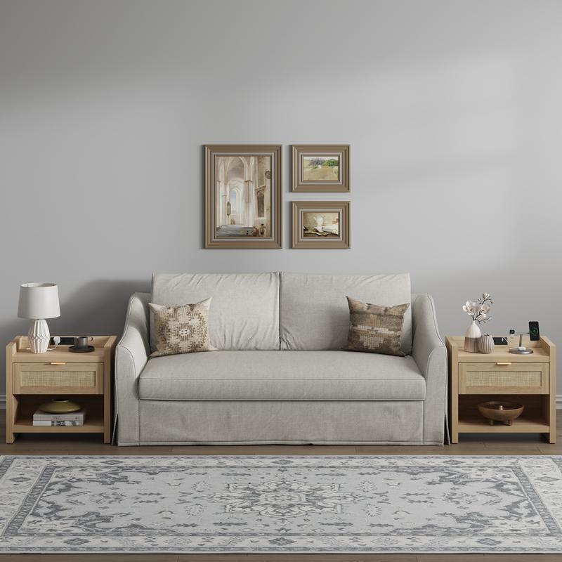 SICOTAS Night Stand Bed Side Table Set of 2- Rattan Nightstand with Type-C Charging Station, Drawer Storage End Table - 15.4" x 23.6" x 22.1" Size Boho Bedside Stand Night Stands for Bedroom Living Room Sofa Couch Office, Durable