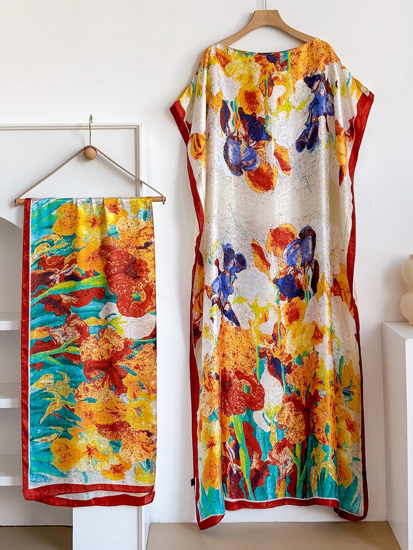 Women's Colorblock Print Long Scarf & Poncho Set, Casual Soft Comfortable Shawl for Beach Vacation, Fashion Accessories for Women & Girls