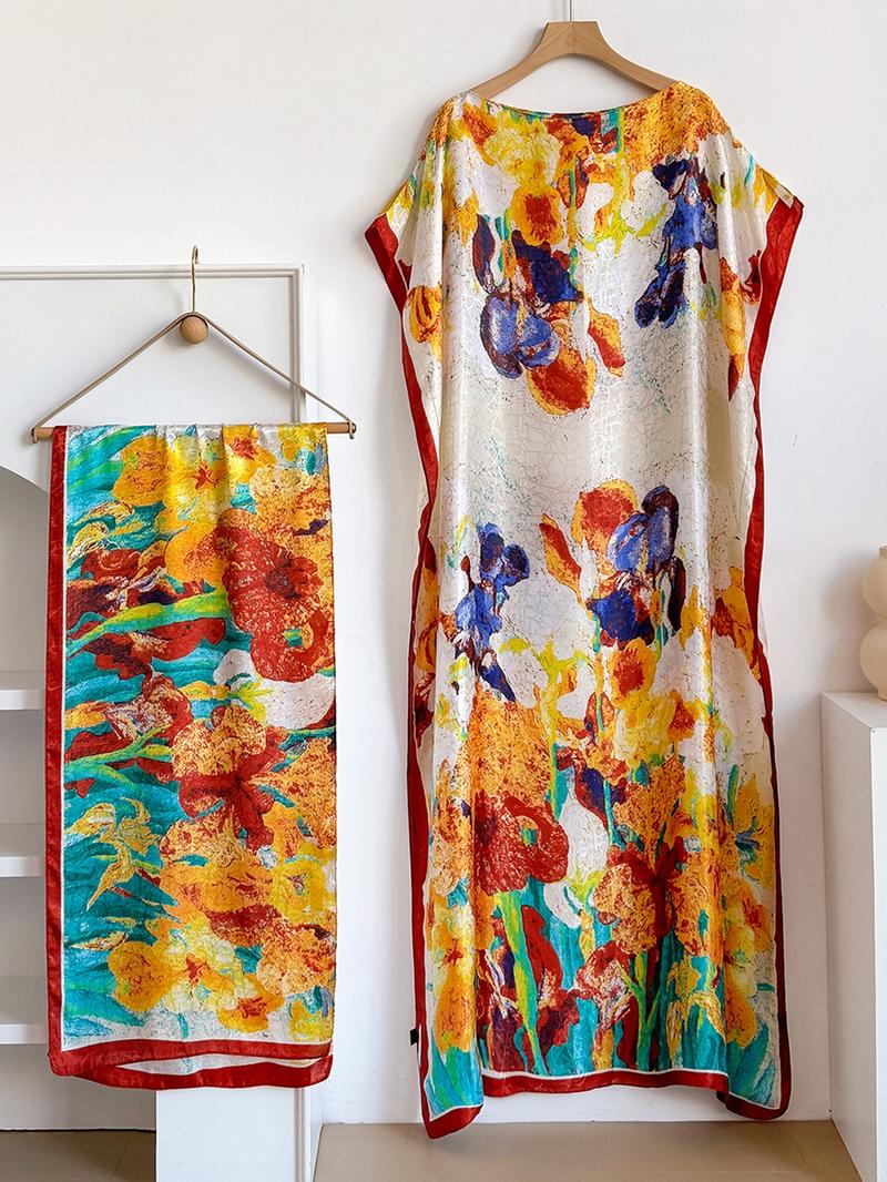 Women's Colorblock Print Long Scarf & Poncho Set, Casual Soft Comfortable Shawl for Beach Vacation, Fashion Accessories for Women & Girls