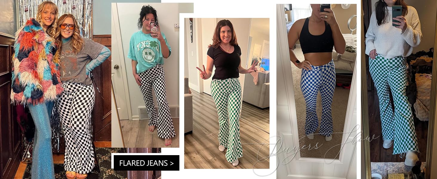 Odefou St. Patrick's Day Checkered Women’s Flare Jeans Spring Womeswear Stretchy Denim High Waist Plaid Bell Bottom Pants Football Game Outfit Slim Fit Retro Streetwear Y2K Party Casual Trouser Gifts for Wife