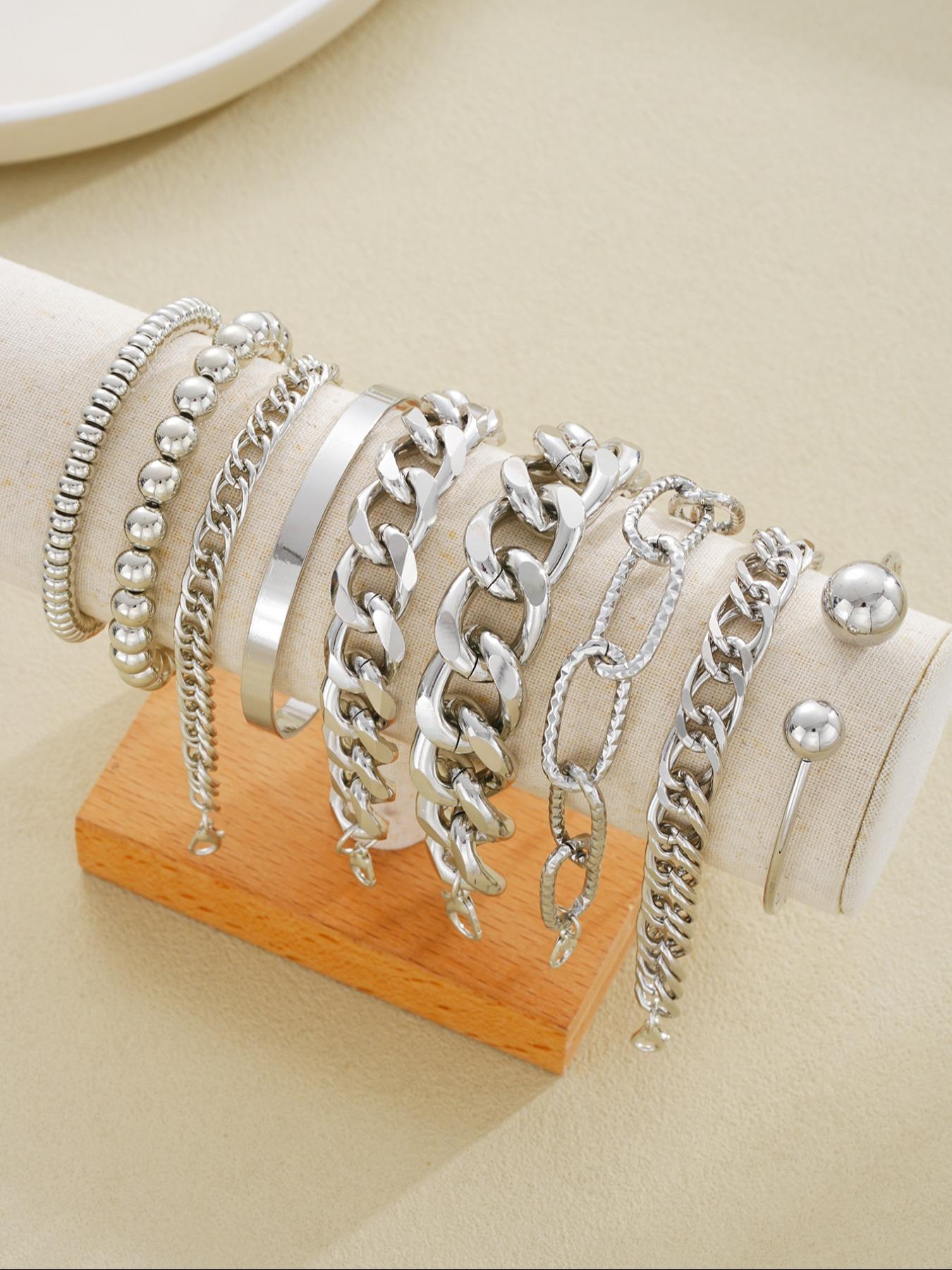 Women's Punk Style Link Bracelets Set, Stackable Bracelets, Casual Aluminum Chain Jewelry for Daily Wear, Perfect Gift for Birthdays & Parties