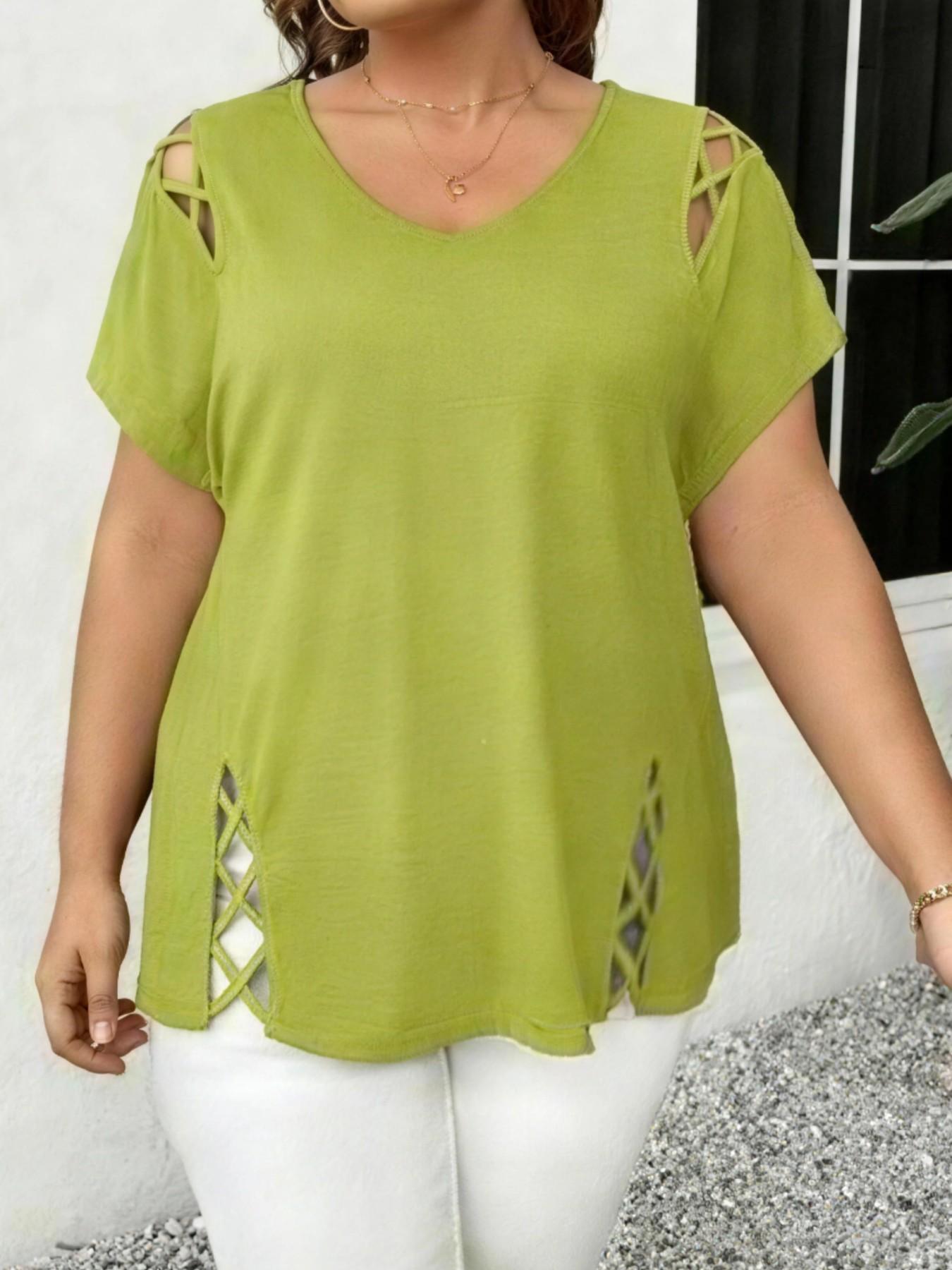 Women's V Neck Hollow Out Short Sleeve Top Blouse, Lightweight Loose Blouses, Loose Fit Basic Casual Summer Fashion, Comfortable Daily Wear Tee for Women Womenswear