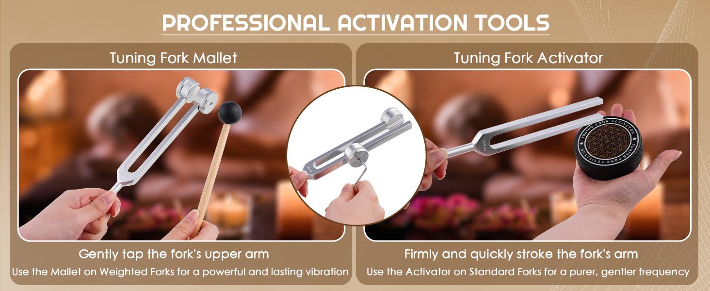 Tuning Forks for Healing Set-128Hz, 136.1Hz, 256Hz, 384Hz Weighted & Unweighted with Activator & Pouch-Complete Sound Therapy Kit for Chakra Balancing, Yoga, Meditation, Stress Relief & Energy Healing 01