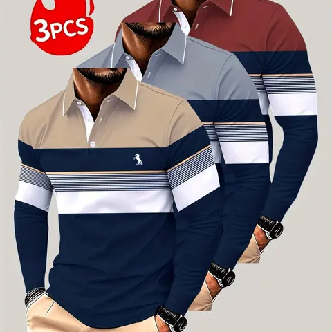 Men's Striped Long Sleeve Polo Shirt, Casual Business Top, Multi-Pack Men's Clothing, Spring & Fall Fashion Knitwear