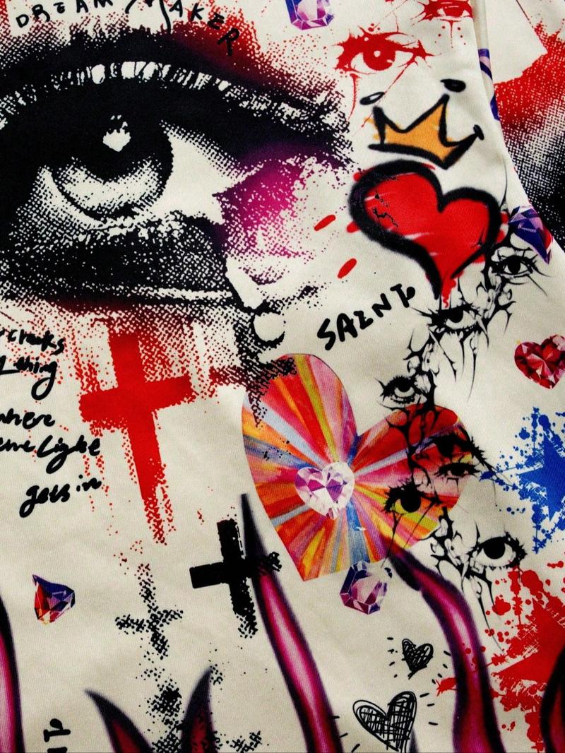 Men's Vintage Street Style Saint Print Long Sleeve Round Neck T-Shirt, Loose-Fitting Short Top for Fall, 2000s Fashion