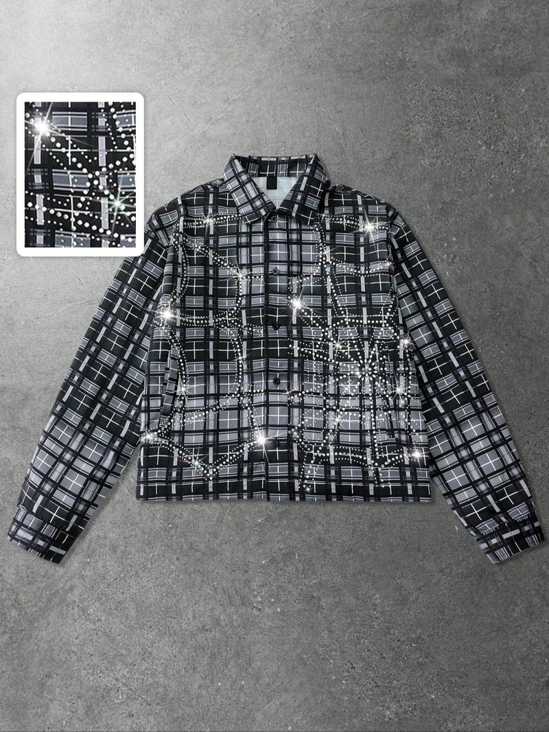 Men's plaid shirt, adorned with rhinestones, long sleeves, American urban style, Casual street style