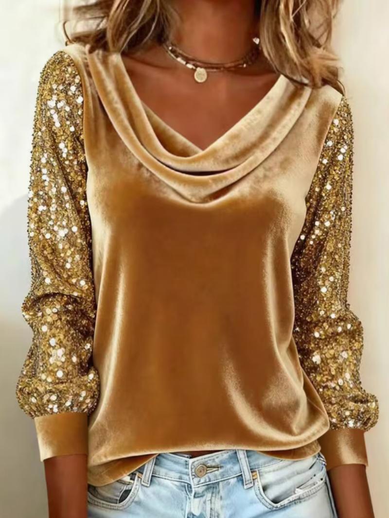 Women's Fashion Plus Size Velvet Puff Collar Long Sleeve T-Shirt, Sequin Patchwork Top, Casual Style, Comfortable Fit