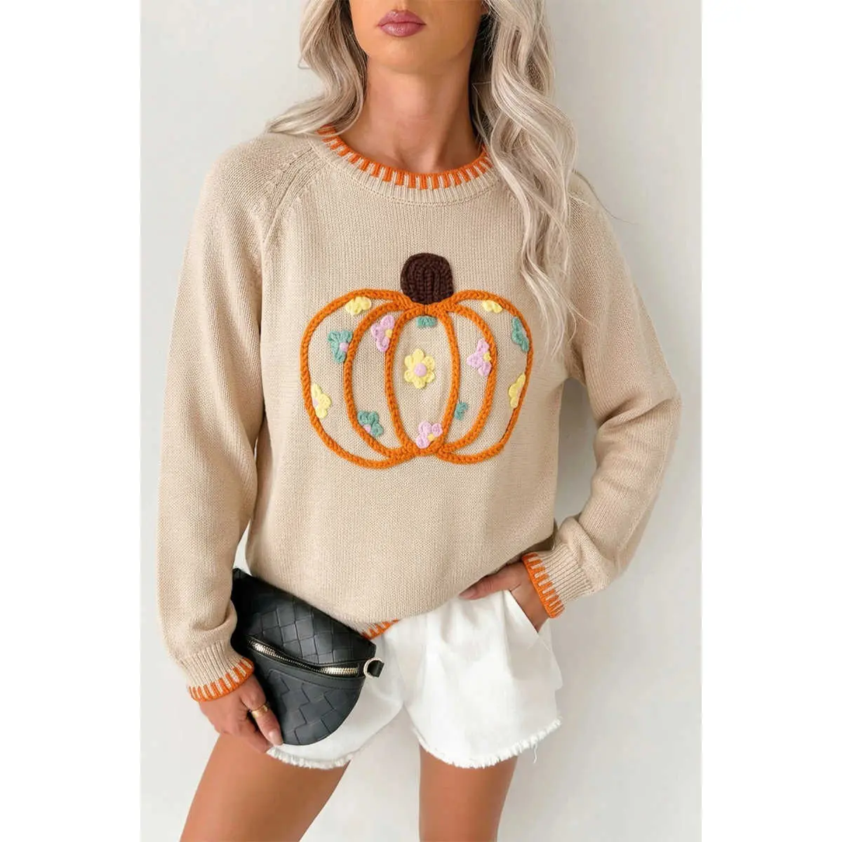 Parchment Floral Embroidery Pumpkin Long Sleeve Round Neck Sweater