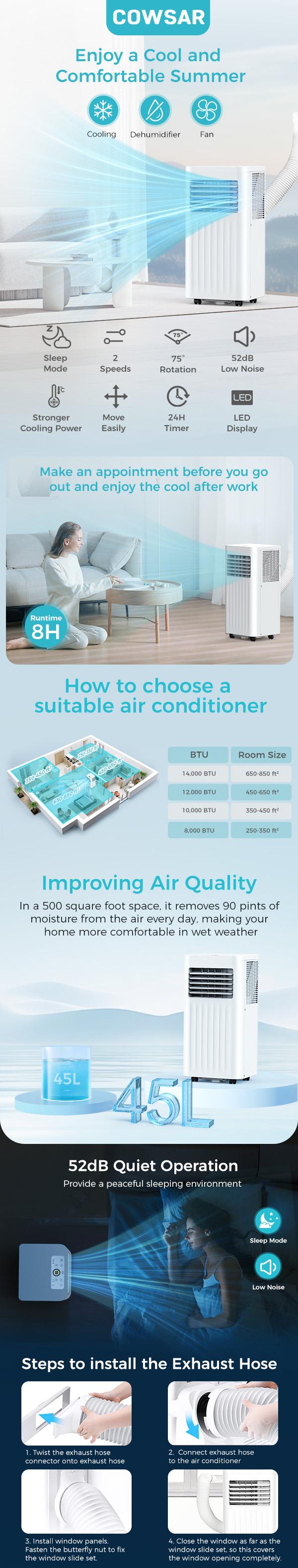 COWSAR 【SummerVibes】8000-10,000 BTU EasyCool Portable Air Conditioner- Cool up to 350 Sq. Ft. AC with Easy-to-Use Remote Control, Digital LED Display, 24H Timer,Sleep Mode and Complete Window Installation Kit, for Bedroom,Living Room,Home Office,Apartment