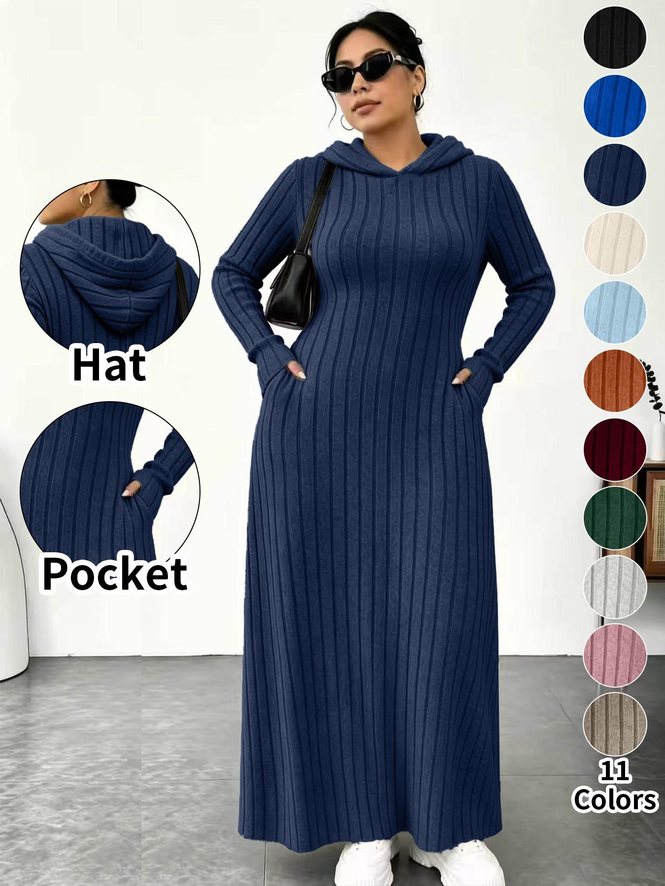Plus Size Women's Long Knit Dress, 11 Colors Available, Slim Fit with Pockets, Micro Plus Size Slimming Hooded Top, Long Sleeve Base Layer