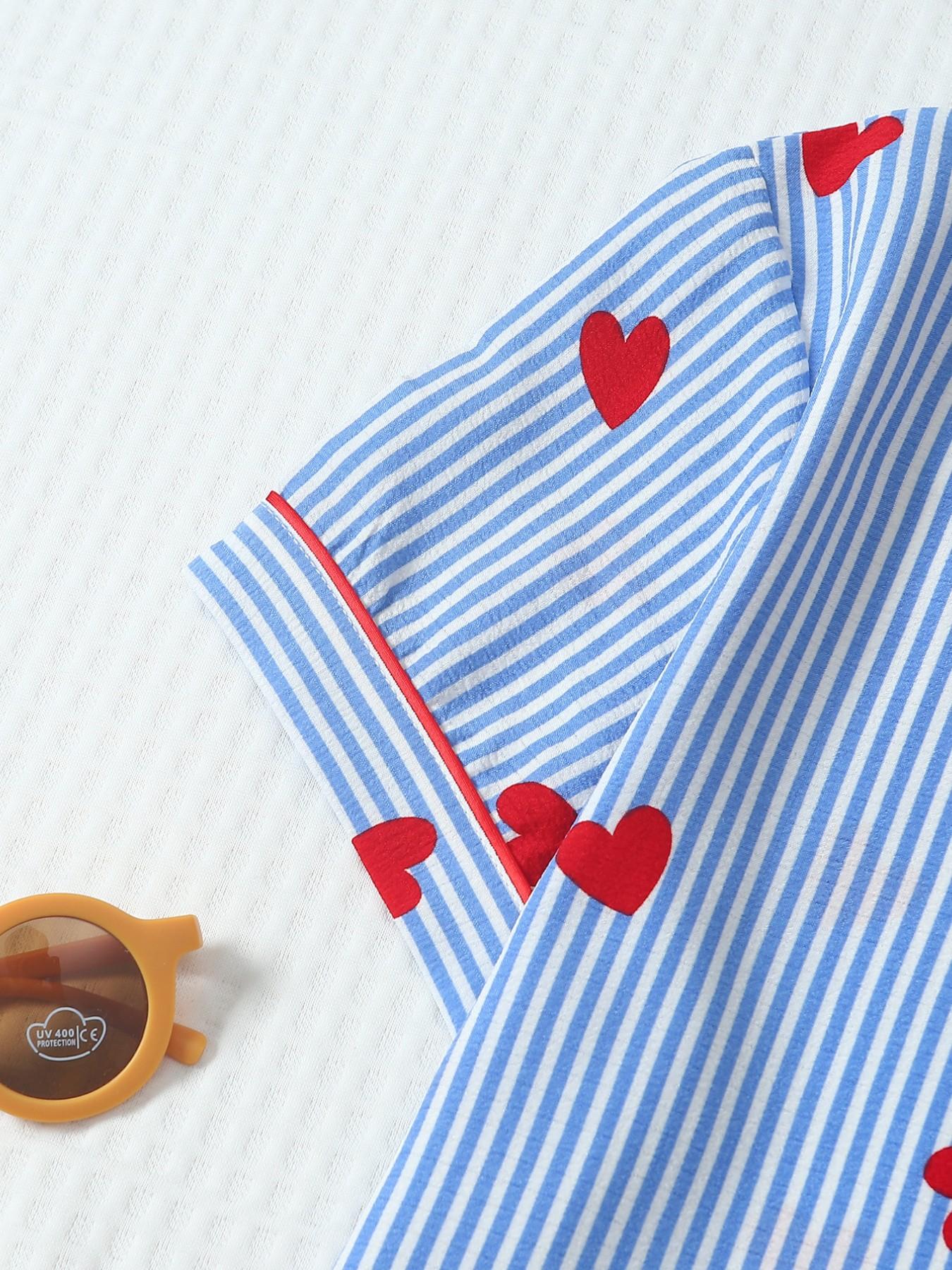 Heart Stripe Printed Women's Pajama Set, Feminine Cute Loungewear Nightwear, Sweet Collar Short Sleeve Top with Pocket, Bow Shorts, Casual Home Wear