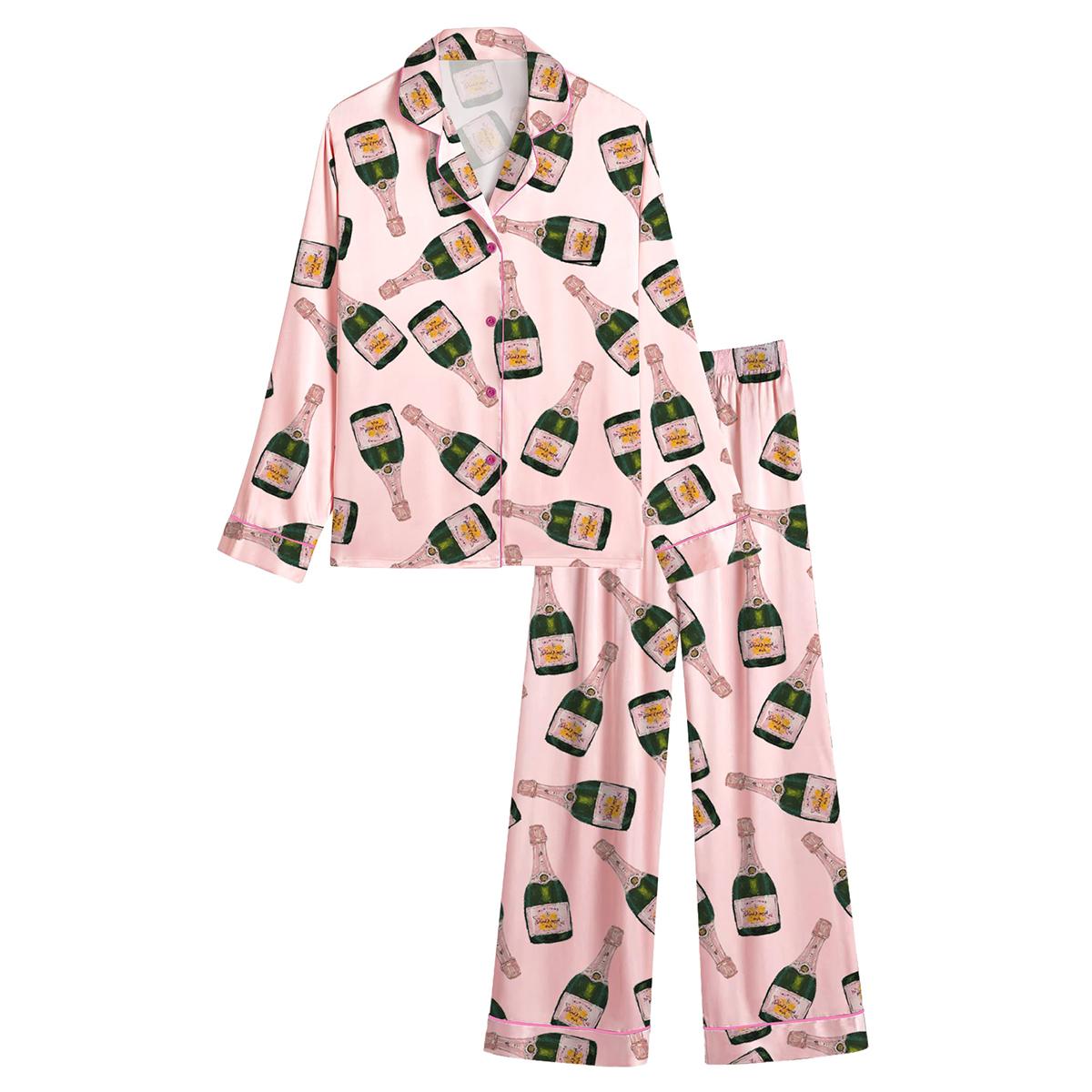 Champagne Bottles Pajama Set For Women Print Comfy Satin Sleepwear & Loungewear Pjs Printing Silky Top & Bottoms - SHESHOW