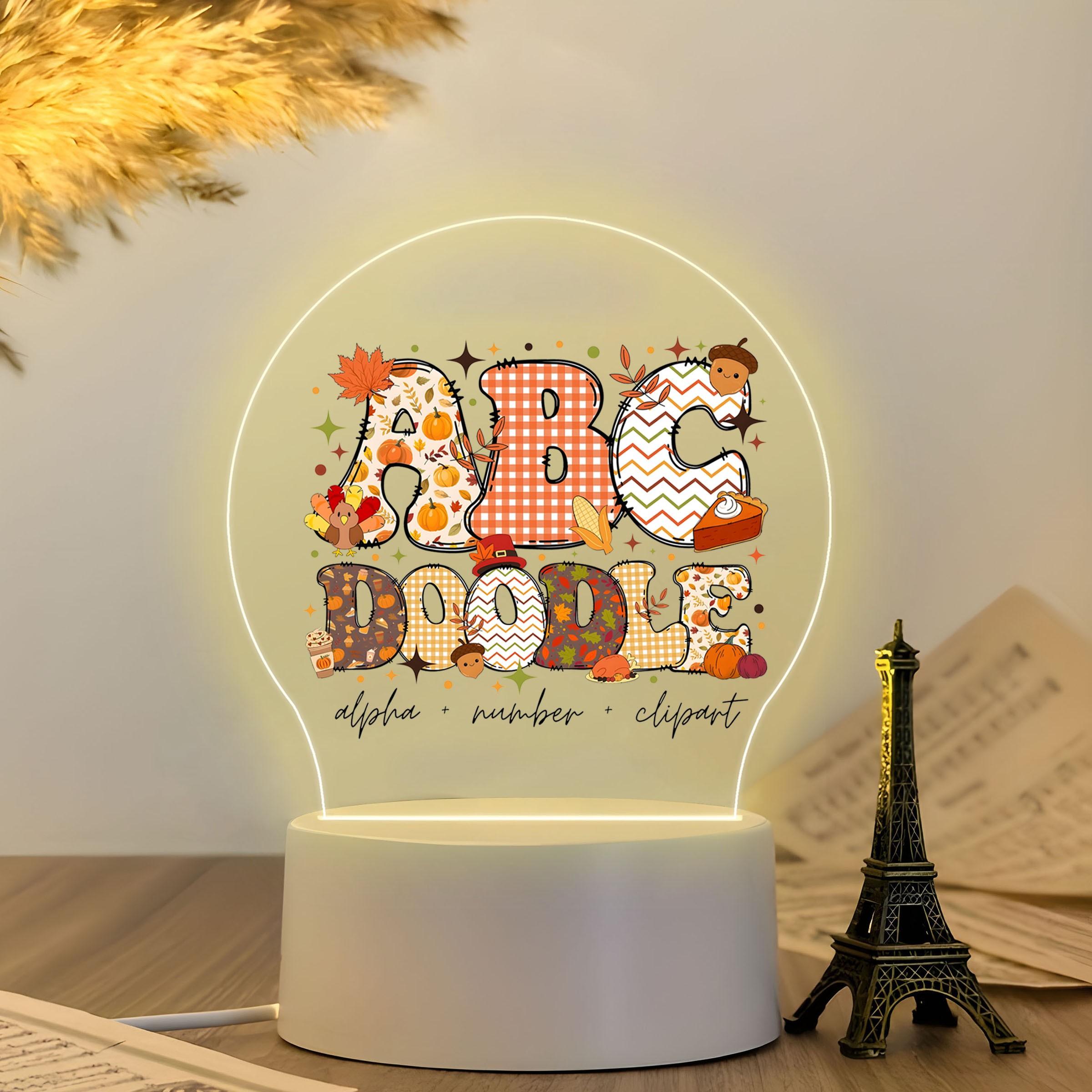 Acrylic Night Light with Thanksgiving Elements, Soft Warm Glow, Cartoon Hand-Drawn Style, Ideal for Kids' Room, Early Education, Gift