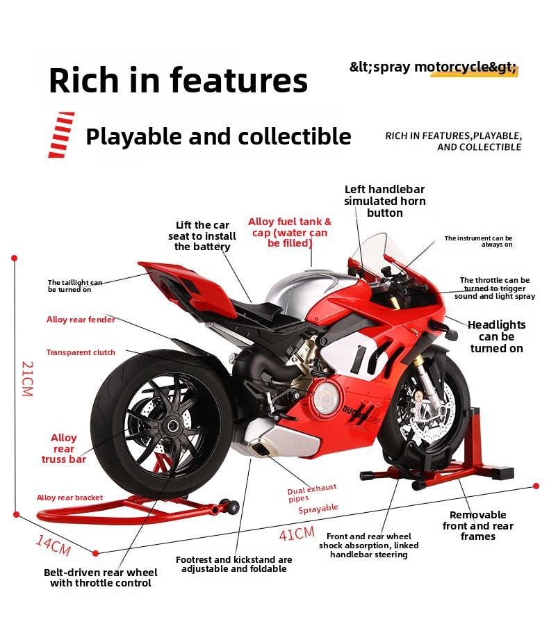 1:6 Ducati V4R electric motorcycle model, capable of starting, with flashing lights, chain-driven, rear wheel rotation, supports adding fuel to the fuel tank. It is an excellent choice for collection and gift giving.