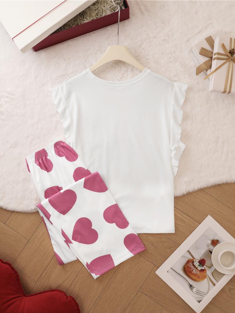 Two-Piece Set Women's Heart Print Round Neck Ruffled Sleeve Tee & Elastic Waist Pants Pajama Set, Regular Fit Casual Comfy Crew Neck Top & Trousers PJ Set, Ladies Summer Sleepwear