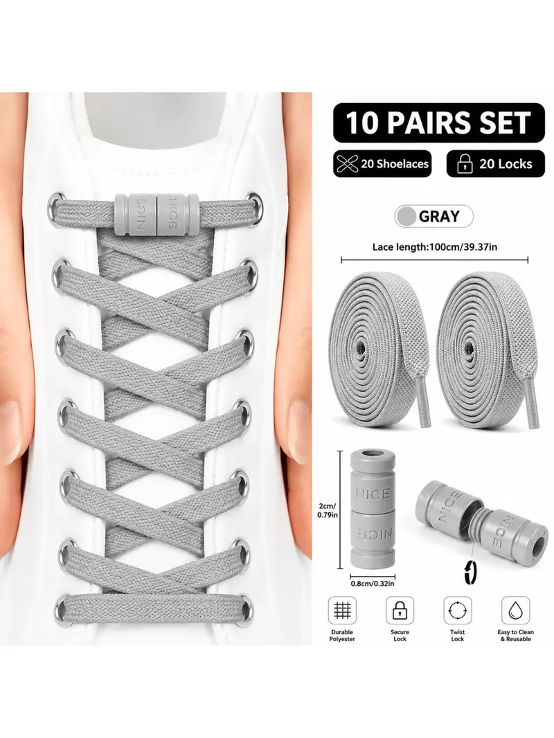 10 Pairs Adjustable Laces with Locks, Elastic Stretch Shoelaces for Kids and Adults, Quick Install Sports Shoes Laces, Shoe Strings for Sneakers