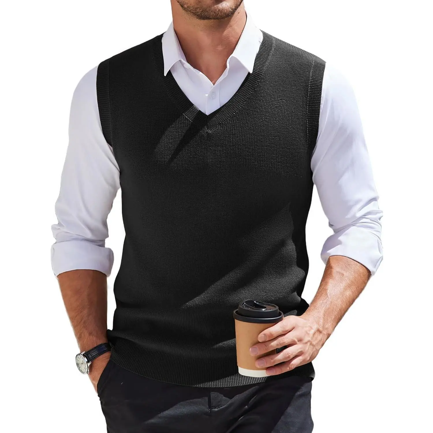 Men's Sweater Vest V Neck Sleeveless Sweater Slim Fit Casual Knitted Vest Sweaters