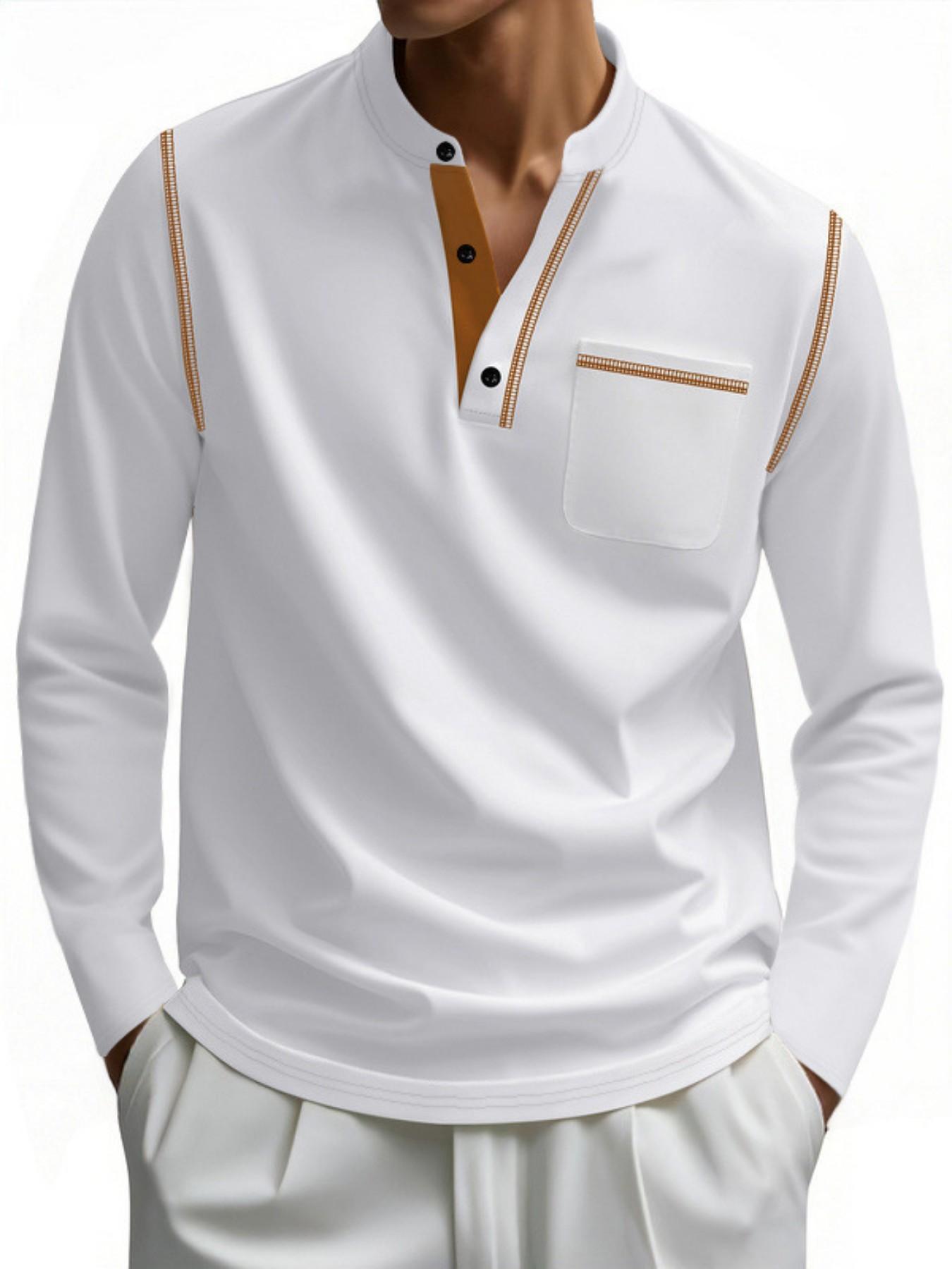 Men's Henry Long Sleeve Shirt, Button Neck Casual T-Shirt, Pocketed Daily Wear Fashion Top, Essential Stylish Clothing