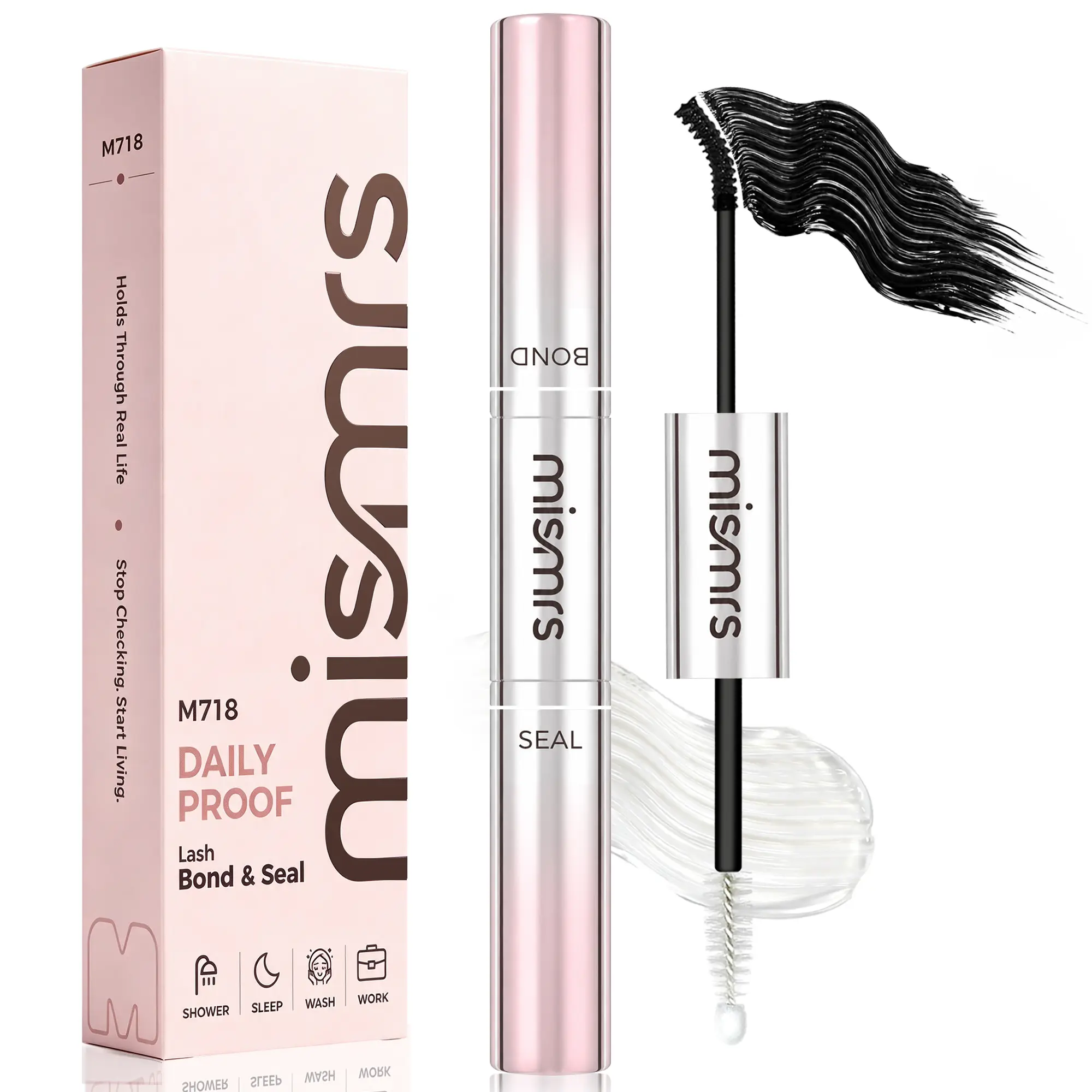 mismrs M718 Lash Bond and Seal, 72-Hour Waterproof Cluster Lash Glue for DIY Lash Extensions, Hypoallergenic Formula for Sensitive Eyes, Daily Wear Makeup Eyelashes