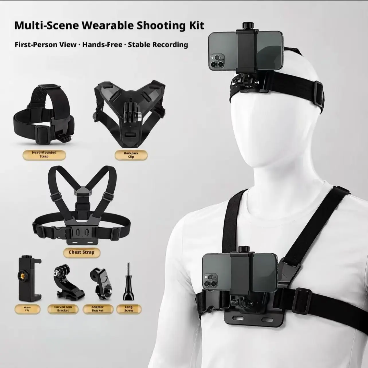 6 Piece Headband Chest Strap Mount, Phone Gopro First Person View Holder, Dual Position, Sports Camera Accessories, Cycling, Fishing Recording