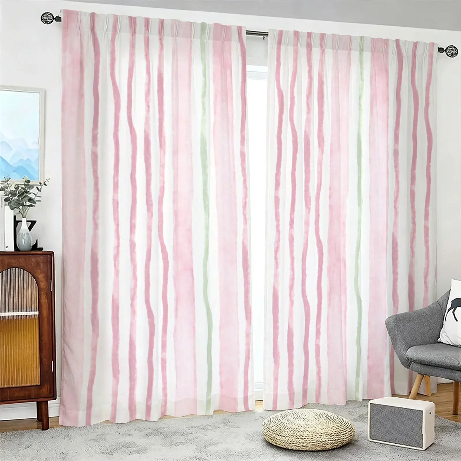Ins Style Fresh Striped Printed Pattern Frosted Cloth Semi Blackout Curtains, 2-Piece Set, Semi Blackout Soft Light, Suitable For Teenagers And Adults, Bedroom And Living Room Decoration, Window Curtains