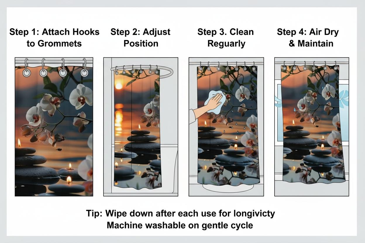 Calm Spa Style Orchid River Stone Bath Curtain, Healing Water Scene Candle Fabric Bathroom Curtain, Soft Polyester Shower Divider