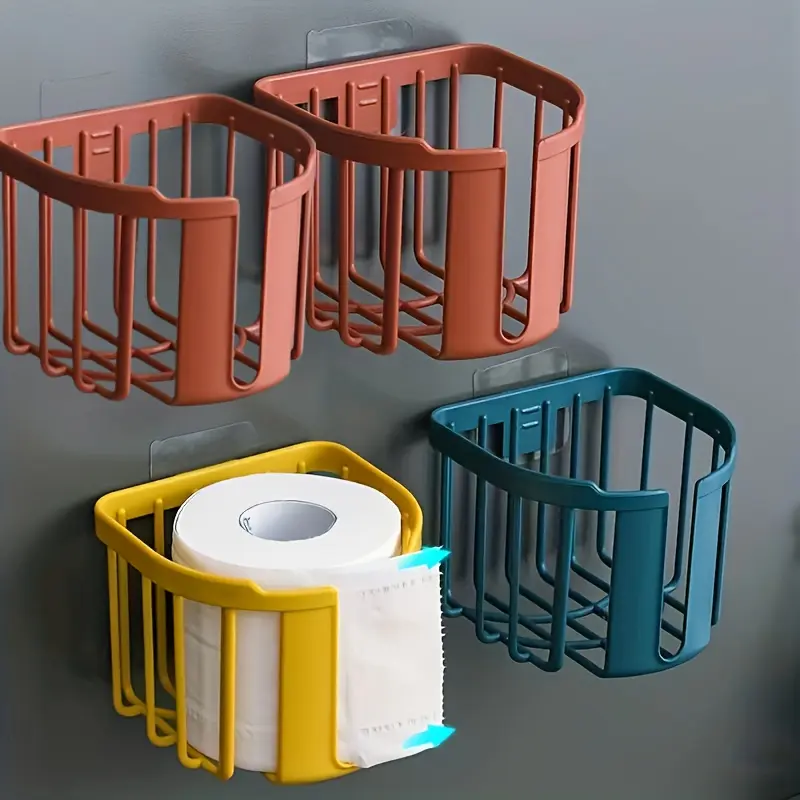 Wall-mounted toilet paper holder, 1 piece, random color, easy to install, no drilling required, space-saving PVC storage shelf, vibrant colors: orange, turquoise, yellow, dark turquoise, suitable for bathroom and dining room.