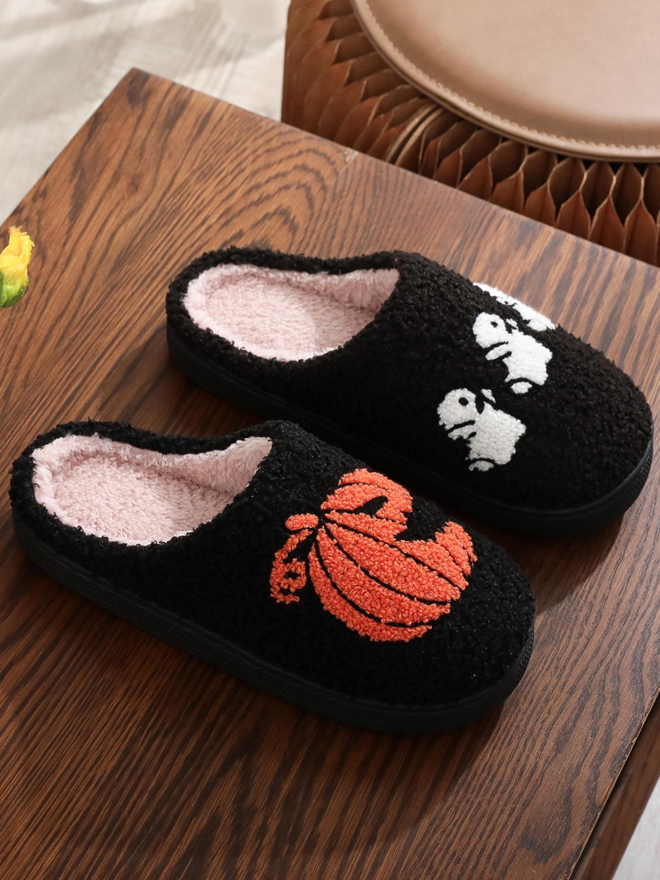 Halloween Pumpkin Ghost Embroidered Plush Slippers, Comfortable Indoor Home Shoes for Men & Women, Black