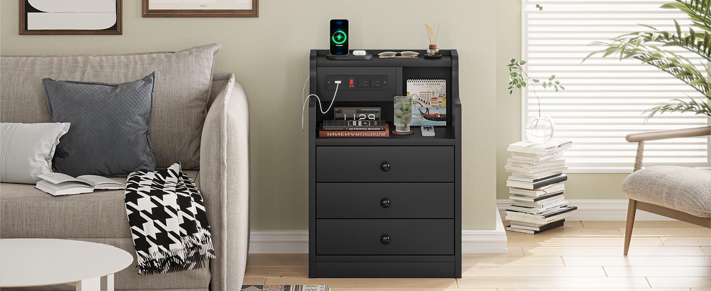 Sikaic Nightstand with Charging Station Bedside Table 3 Storage Drawers Black Engineered Wood End Table for Bedroom Modern Minimal Design Lighted Vanity Desk