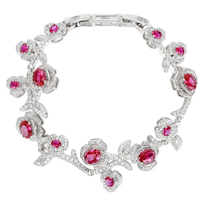 Loveden Women's Brass Copper Base Bangle Chain - Vintage Floral Pattern Costume Jewelry with Red Ruby, Cubic Zirconia, Roses, Camellias, Red Embellishments, Shiny, Sparkle, Statement Sparkly Bracelets & Bangles, Elegant Evening Wear Gift, Red Embellishmen