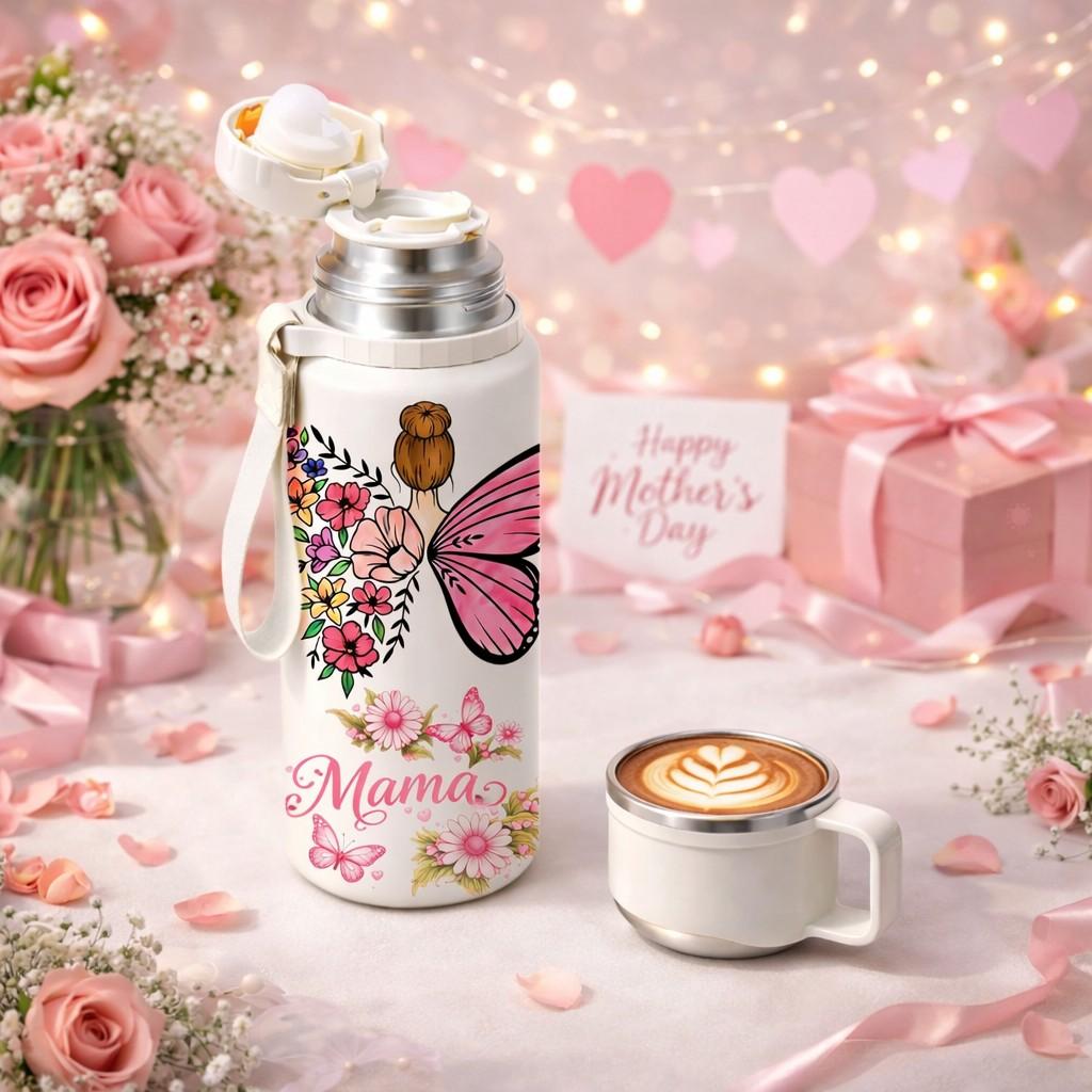 1 Pc 20oz Insulated Mug, 316 Stainless Steel Vacuum Cup, Double Wall Skinny Tumbler, Keeps Hot 12h Cold 24h, Leak Proof Portable Handle Lid, Butterfly Garden Design, Mother’s Day Gift for Mom Women Wife, Thermal Mug for Coffee Tea Drinks