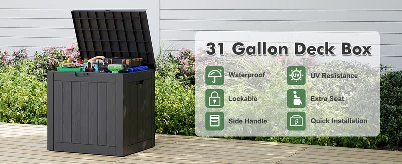 31 Gallon Outdoor Storage Box, Waterproof Deck Box with Lockable Lid, All-Weather Resin Patio Storage for Garden, Yard, Porch & Poolside-Christmas Gifts.