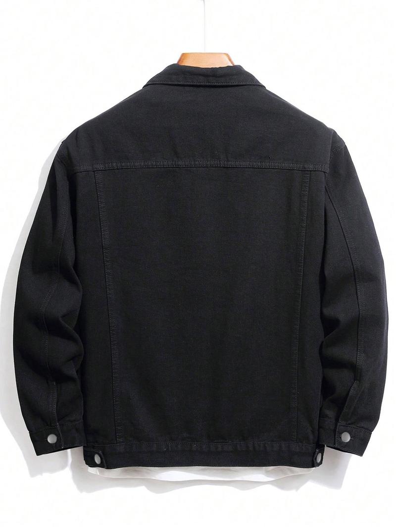 Men's Solid Color Denim Jacket, Loose Casual Fashion Comfy Long Sleeve Button Front Outerwear for Daily Wear, Men's Clothing for All Seasons