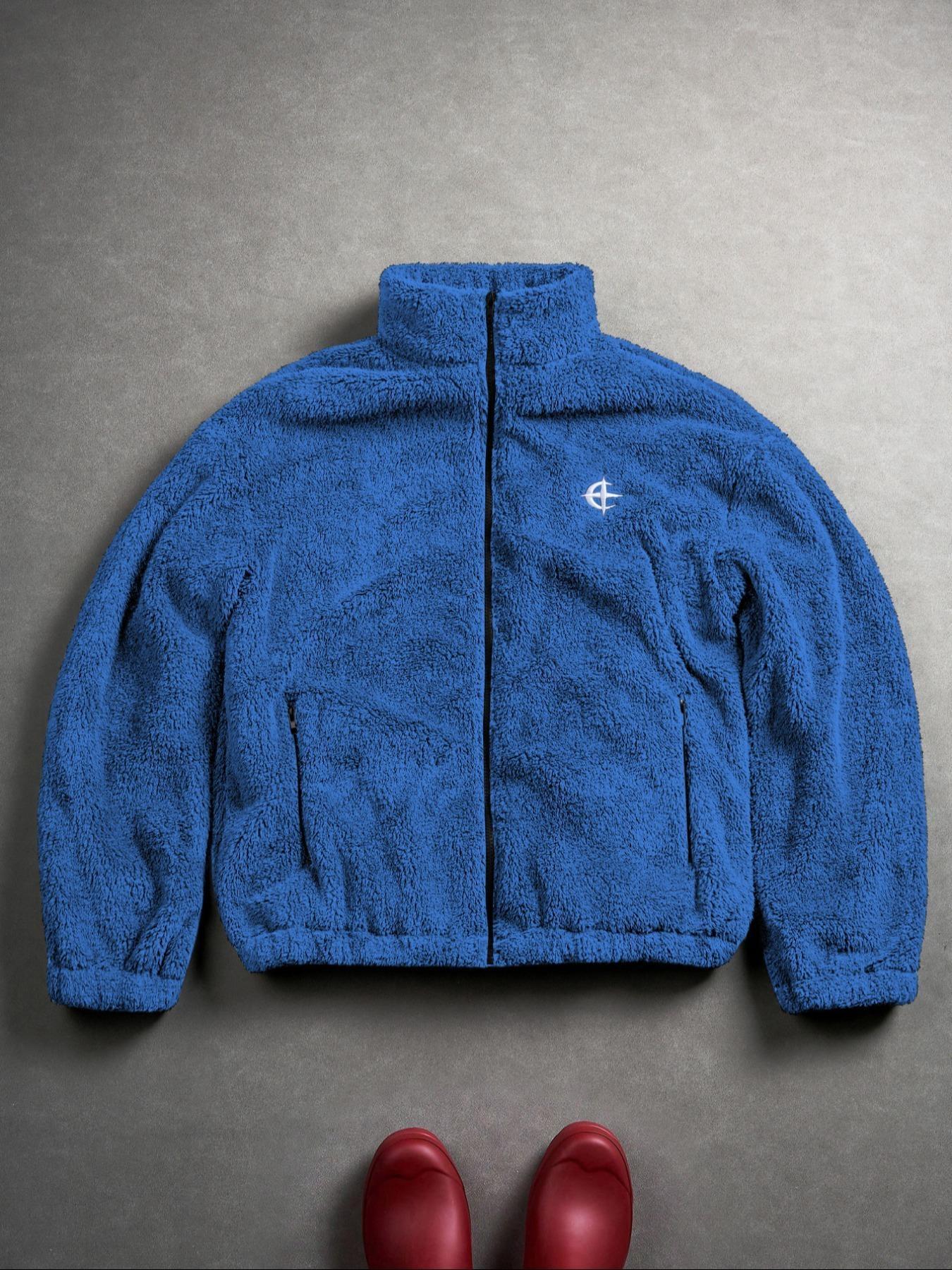 Men's Blue Fleece Jacket, TikTok Viral Street Style Oversized Warm Fleece Coat, Fashionable Casual Outerwear for Daily Wear & Ideal Christmas Gift