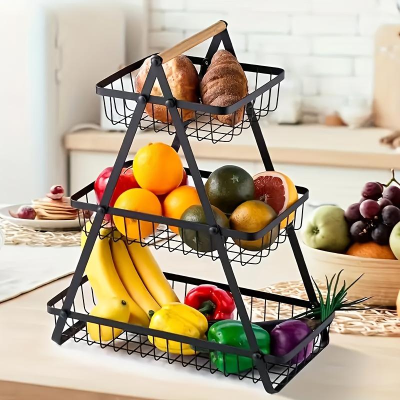 1pc 2/3-Tier Iron Drain Basket with Wooden Handle - Removable Wire Mesh Food-Safe Countertop Storage Organizer for Kitchen, Bathroom, Fruits & Vegetables - Space-Saving Home Organization Solution, Kitchen Storage Basket, Bathroom Organizer,