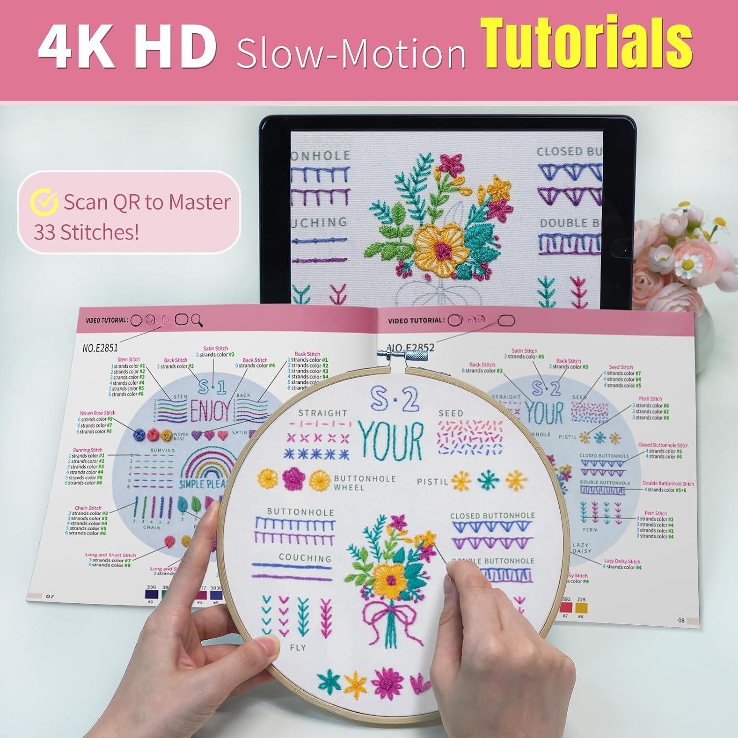 Embroidery Starter Kit for Adults, 3 Simple Patterns to Master 33 Stitches, Easy Step-by-Step 4K  Video Tutorials & Bound Guide, DIY Craft  for Teens