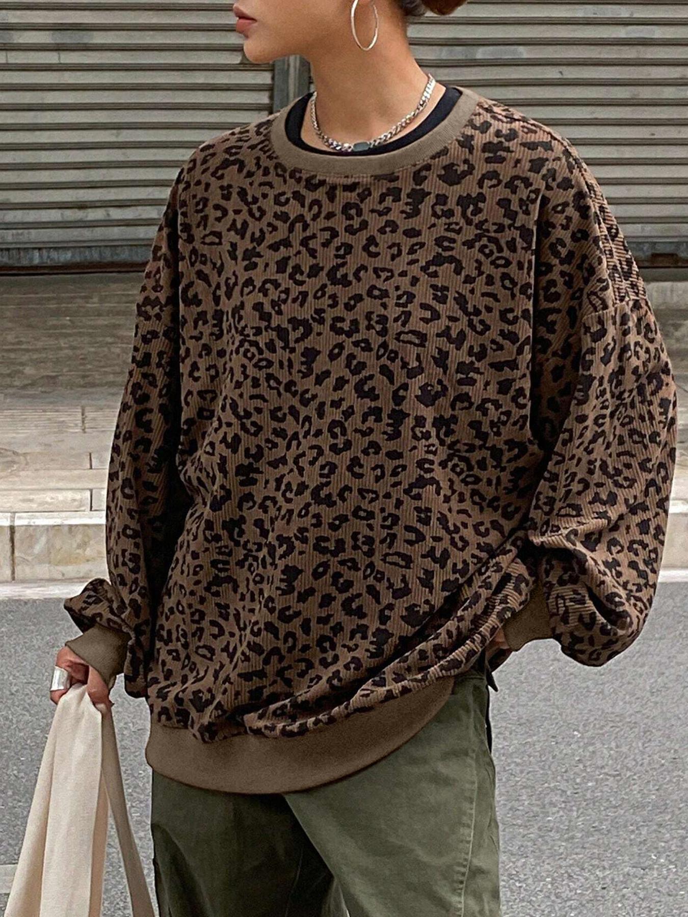 Women's Leopard Print Long Sleeve Round Neck T-Shirt Top, Loose Fit Casual Wear, Sexy Style for Spring & Fall Seasons