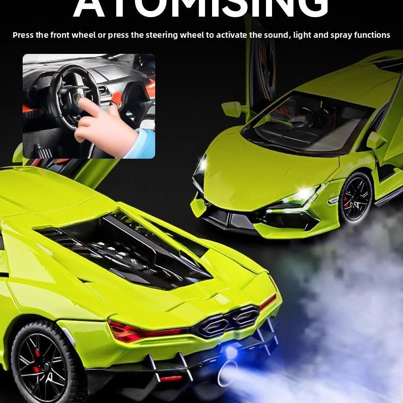 Alloy Sports Car Model, Scale Model Car, Collector Model Car, Manual Scissor Door, Smoke Effect, Sound Light, Adjustable Rear Wing, Shock Absorption, Gift Box