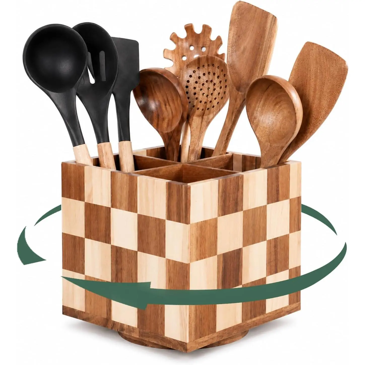 Rotating Square Wooden Utensil Holder – 7.3” Square Acacia  Kitchen Utensil Organizer with Checkered Design, Large Countertop Crock for Spatulas, Spoons & Cooking Tools,  Kitchen Decor
